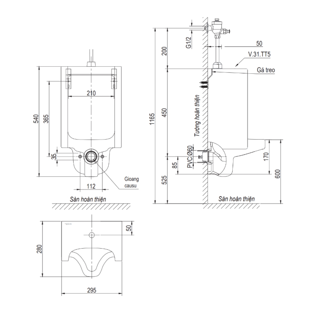 Bồn tiểu nam treo tường Viglacera TV5 TV5 - 2
