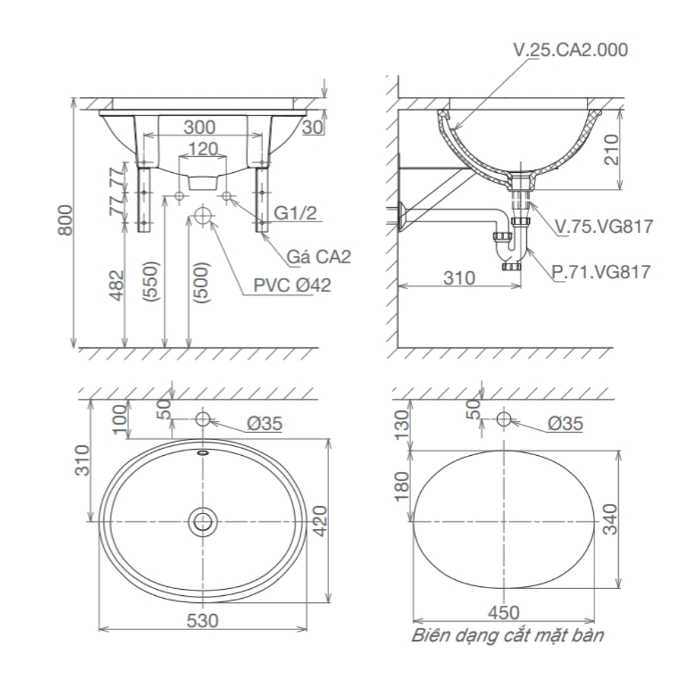 Chậu rửa mặt lavabo âm bàn Viglacera CA2 CA2 - 2
