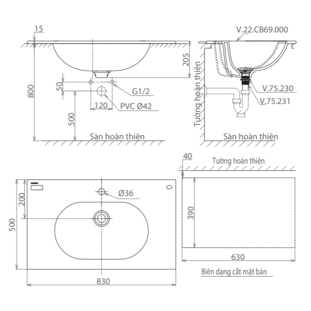 Chậu lavabo đặt bàn Viglacera CB69 CB69 - 2