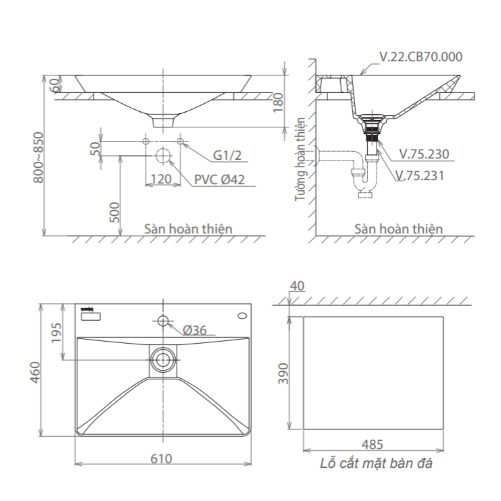 Chậu lavabo đặt bàn Viglacera CB70 CB70 - 2