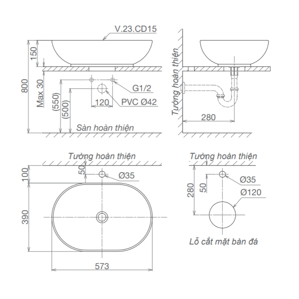 Chậu lavabo đặt bàn Viglacera CD15 CD15 - 2