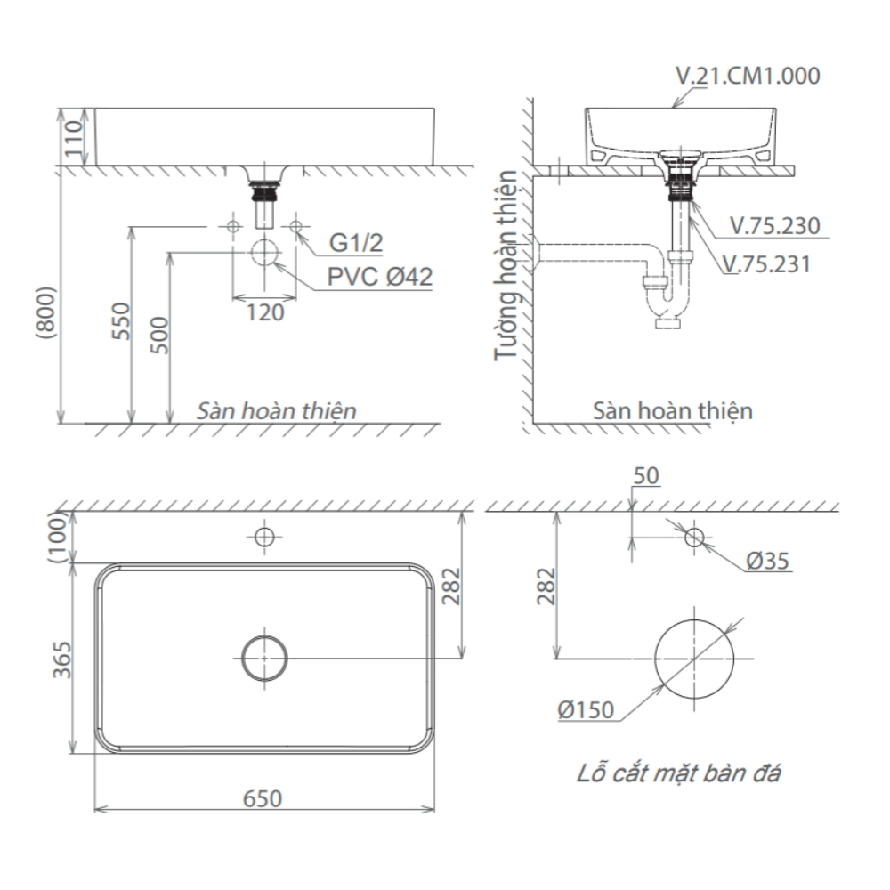 Chậu lavabo đặt bàn Viglacera CM01 CM01 - 2