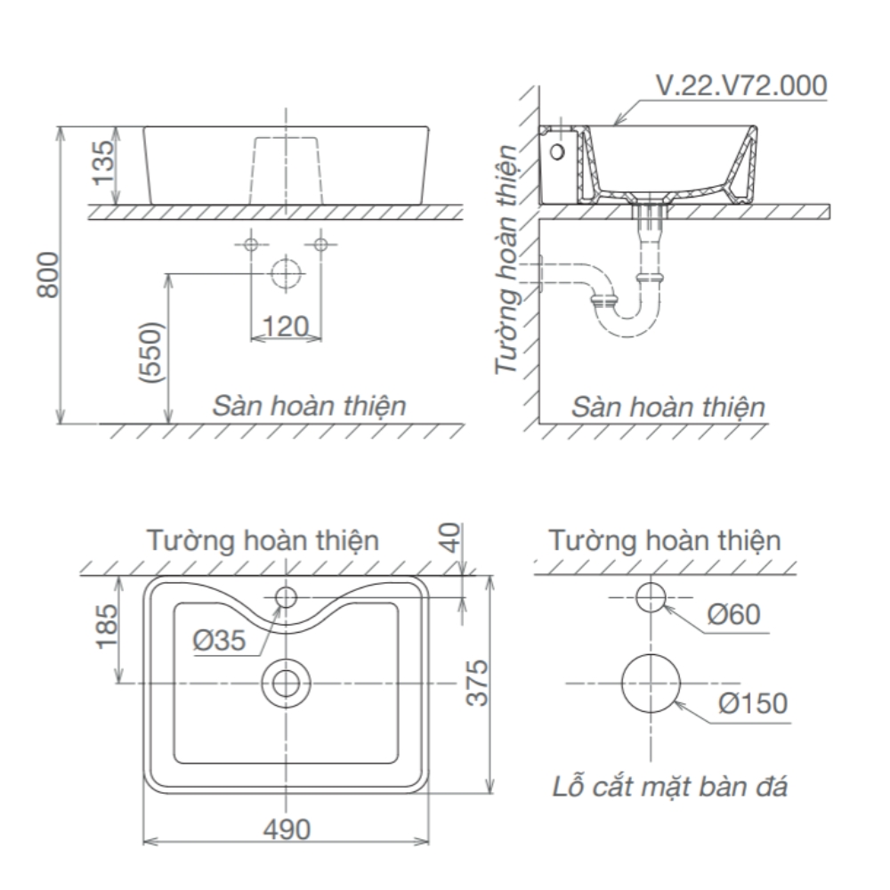 Chậu lavabo đặt bàn Viglacera V72 V72-CHAUDATBAN - 2