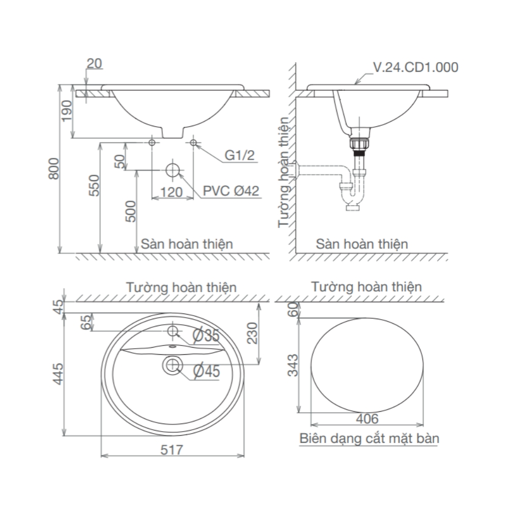 Chậu lavabo dương vành Viglacera CD1 CD1 - 2