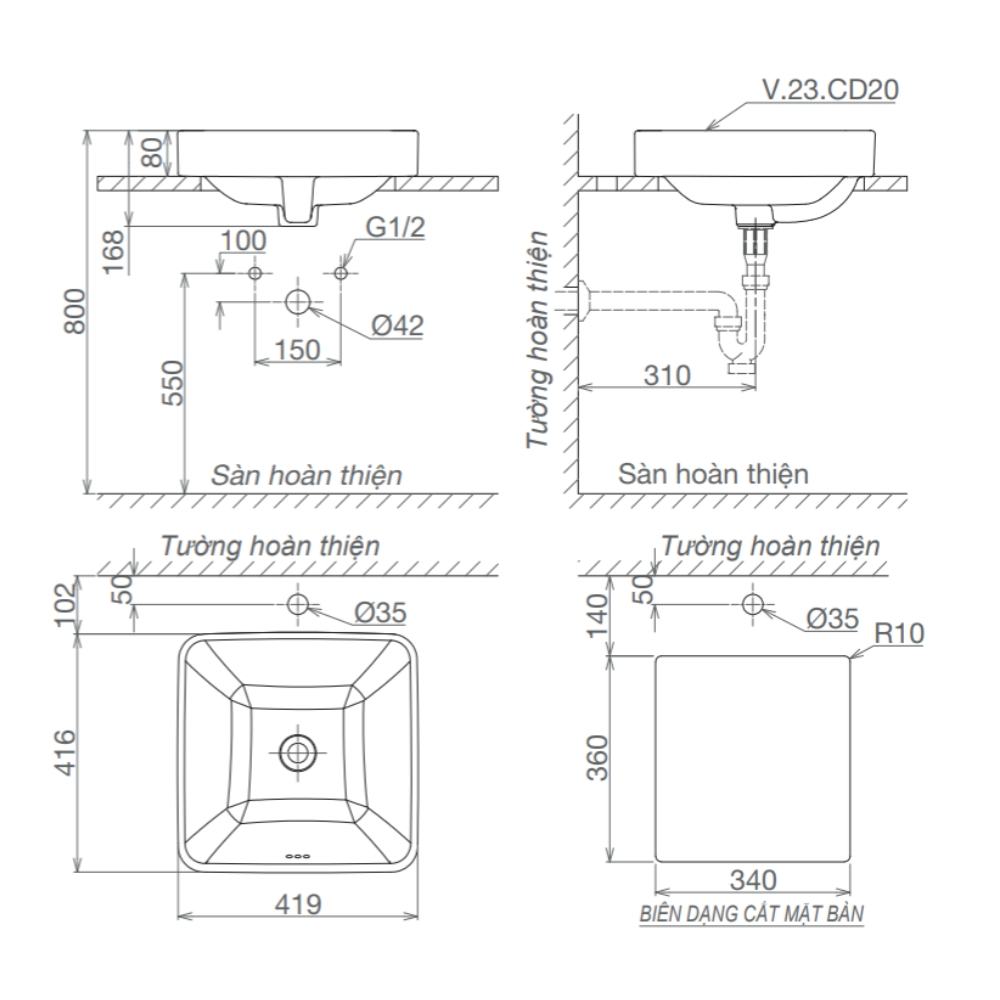 Chậu lavabo dương vành Viglacera CD20 CD20 - 2