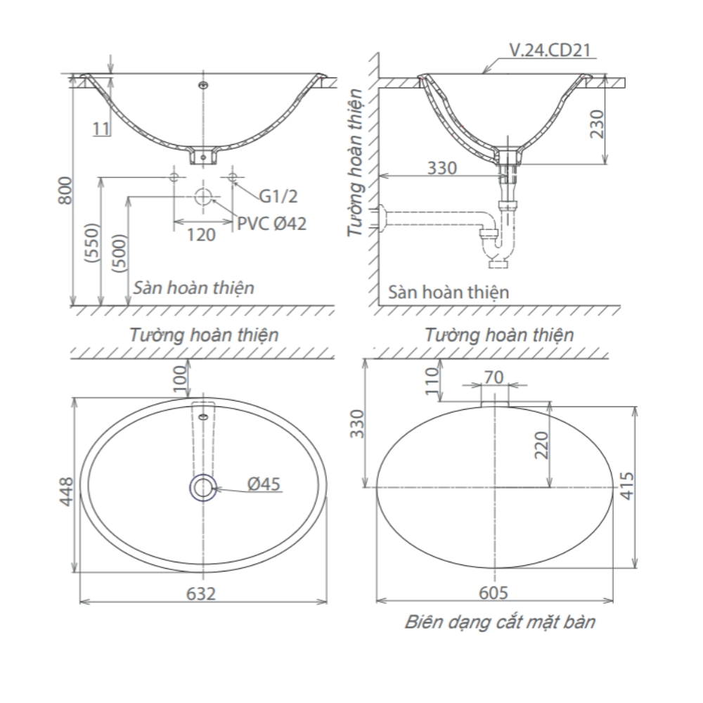 Chậu lavabo dương vành Viglacera CD21 CD21 - 2