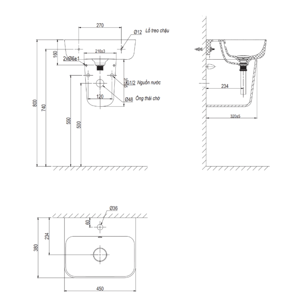 Chậu rửa lavabo treo tường Viglacera V23 V23-CHAU - 2