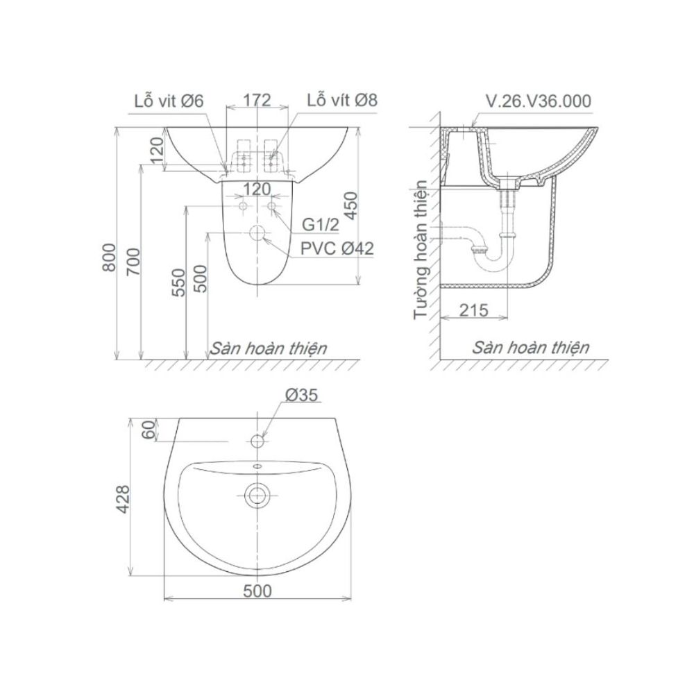Chậu rửa lavabo treo tường Viglacera V36 chân lửng V36-CHAU+V36-CHAN - 2