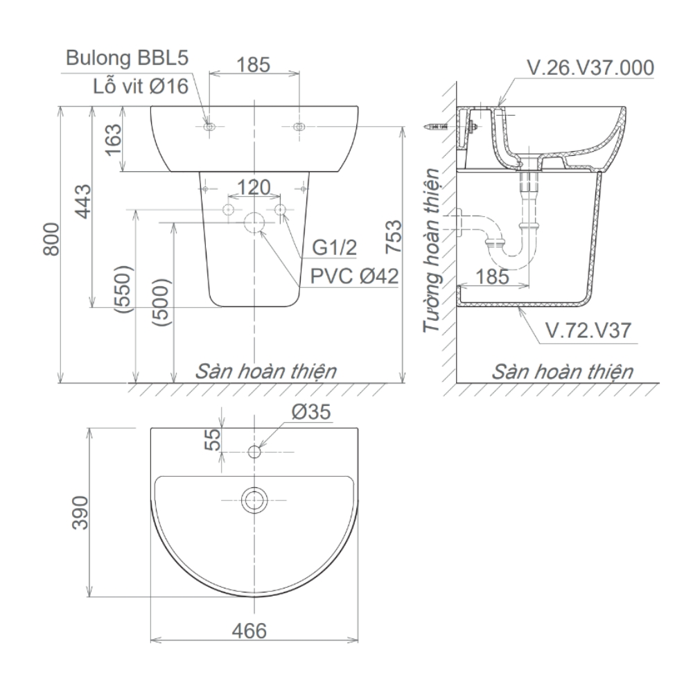 Chậu rửa lavabo treo tường Viglacera V37 V37-CHAU - 2