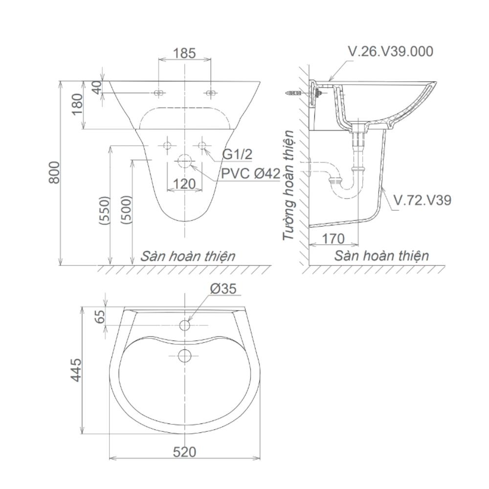 Chậu rửa lavabo treo tường Viglacera V39 V39-CHAU - 2