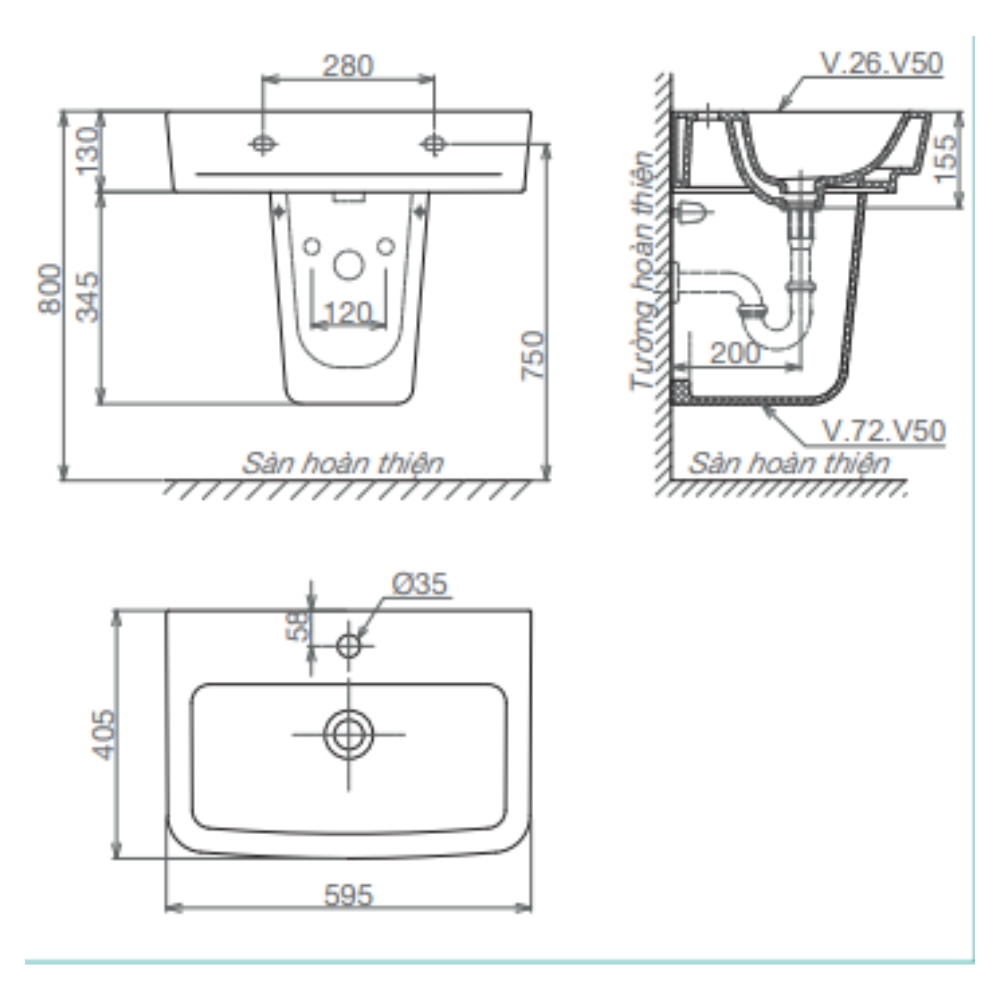 Chậu rửa lavabo treo tường Viglacera V50 V50-CHAU - 2
