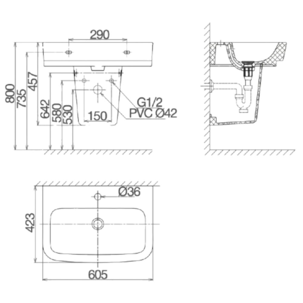 Chậu rửa lavabo treo tường Viglacera V50 chân lửng V50-CHAU+V50-CHAN - 2
