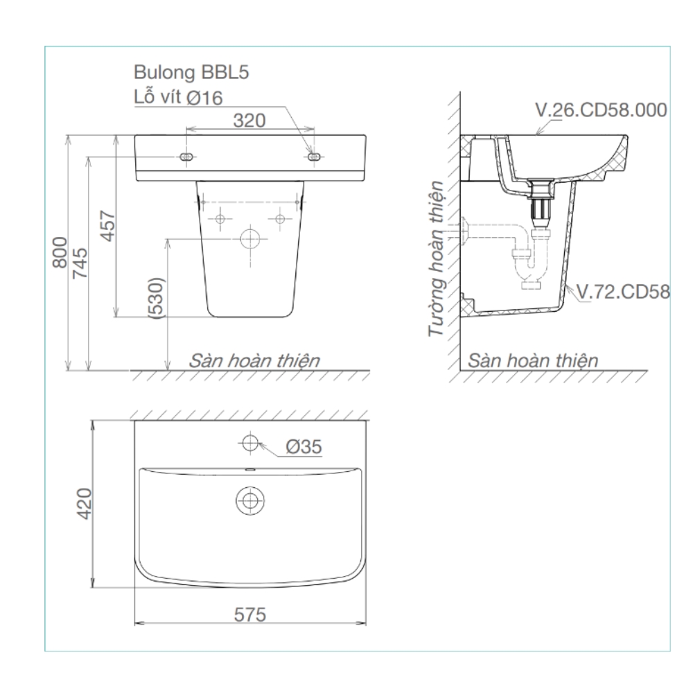 Chậu rửa lavabo treo tường Viglacera V58 chân lửng V58-CHAU+V58-CHAN - 2