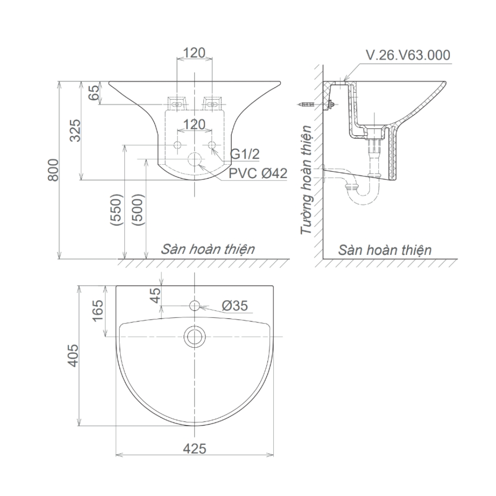Chậu rửa lavabo treo tường Viglacera V63 liền khối V63-CHAU - 2