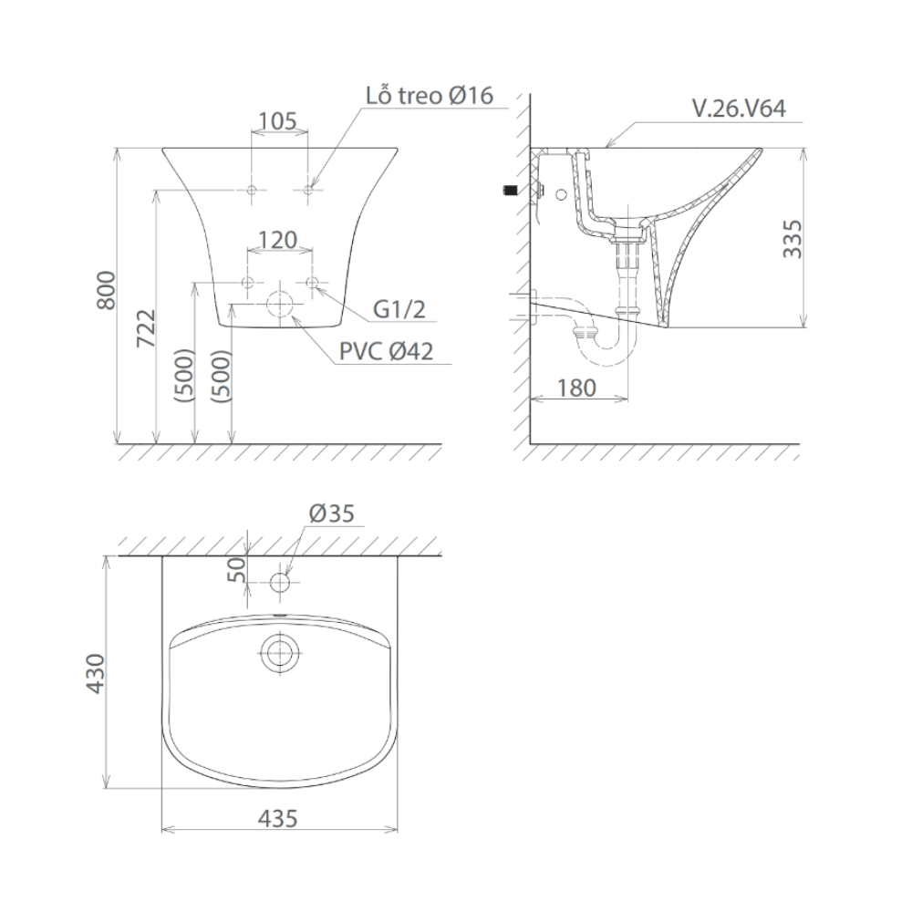 Chậu rửa lavabo treo tường Viglacera V64 liền khối V64-CHAU - 2
