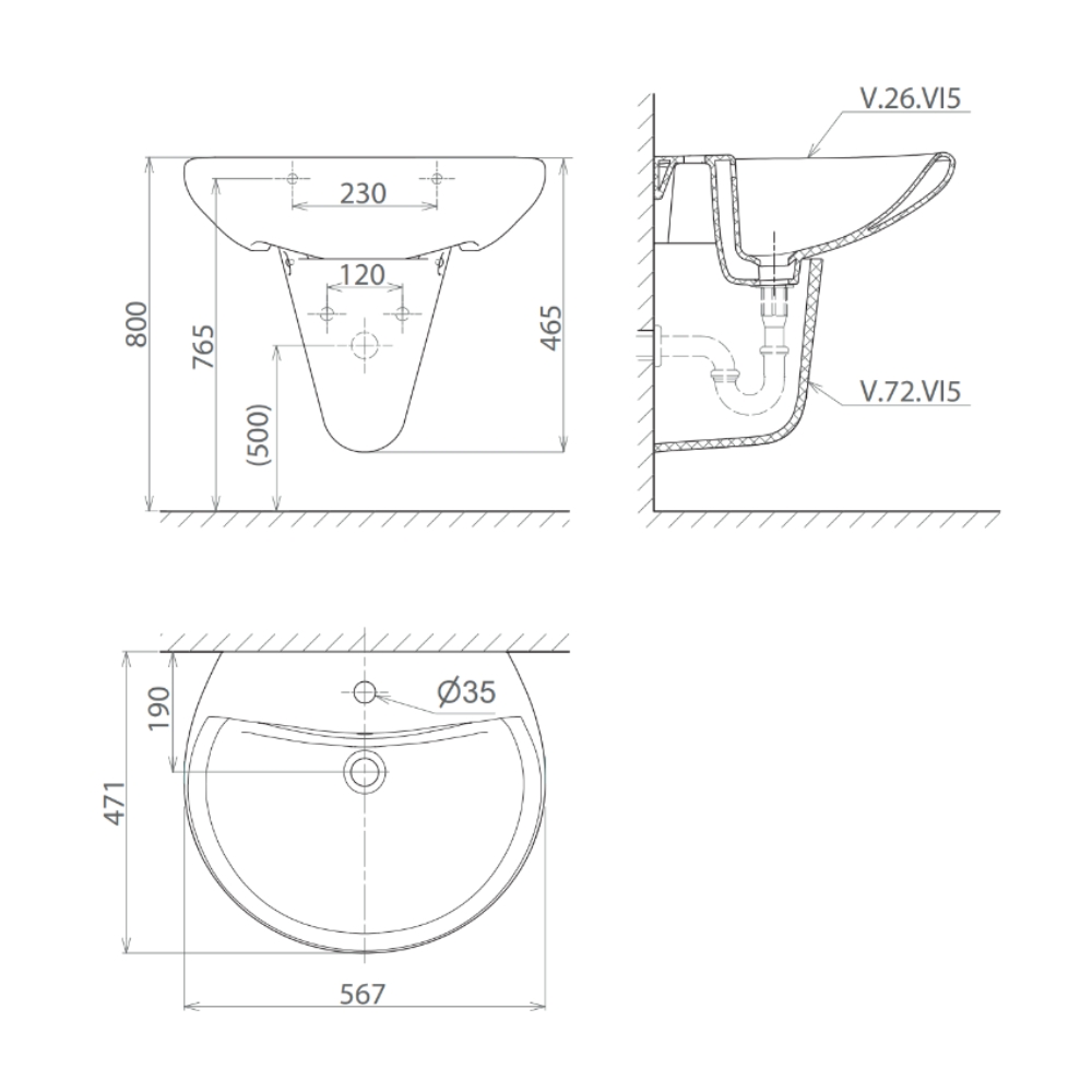 Chậu rửa lavabo treo tường Viglacera VI5 chân lửng VI5-CHAU+VI5-CHAN - 2