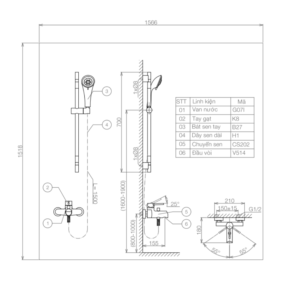 Bộ sen tắm nóng lạnh Viglacera VG541.1 kèm thanh trượt VG541.1 - 2
