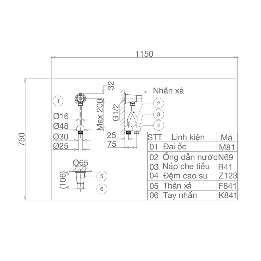 Van Xả Tiểu Nhấn Viglacera VG841.1 (ống cong) VG841.1 - 2
