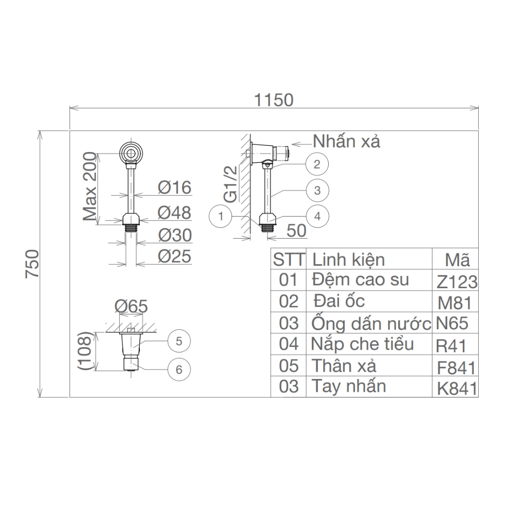Van Xả Tiểu Nhấn Viglacera VG841 (ống thẳng) VG841 - 2