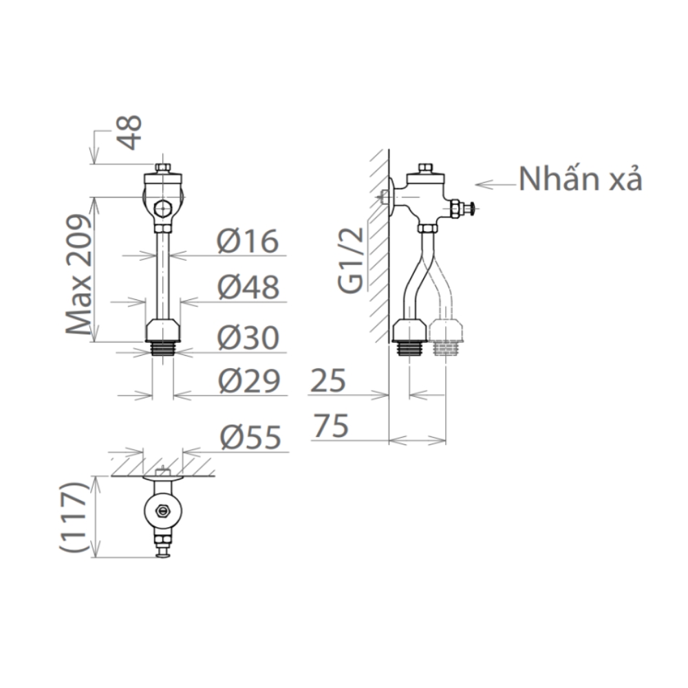 Van Xả Tiểu Nhấn Viglacera VG845.1 (ống cong) VG845.1 - 2