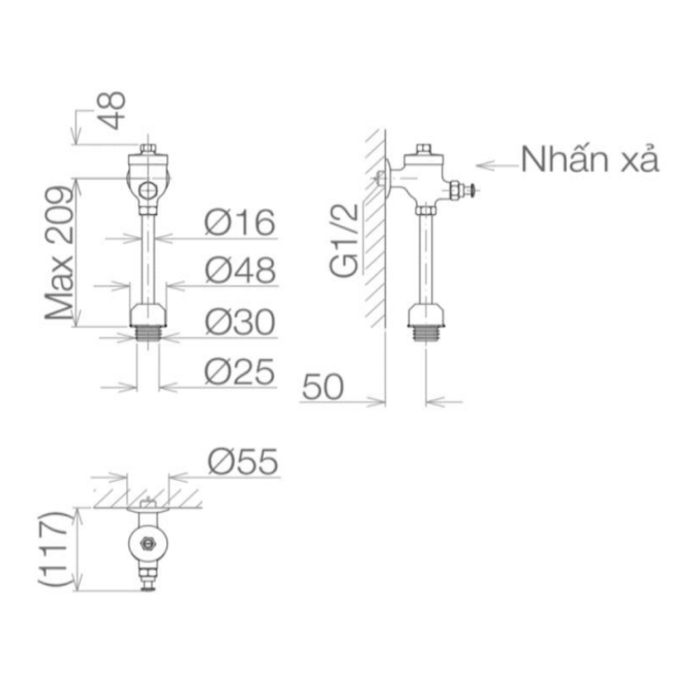 Van Xả Tiểu Nhấn Viglacera VG845 (ống thẳng) VG845 - 2