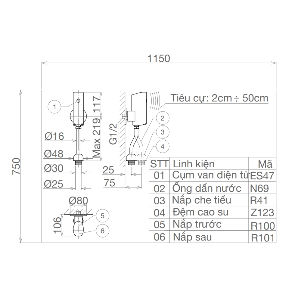 Bộ xả tiểu cảm ứng dương tường dùng pin Viglacera VG846 VG846 - 2
