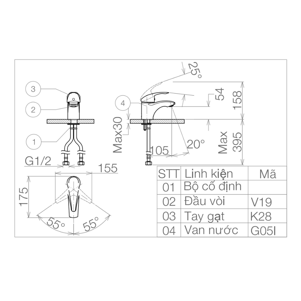 Vòi chậu lavabo nóng lạnh Viglacera VG104 VG104 - 2