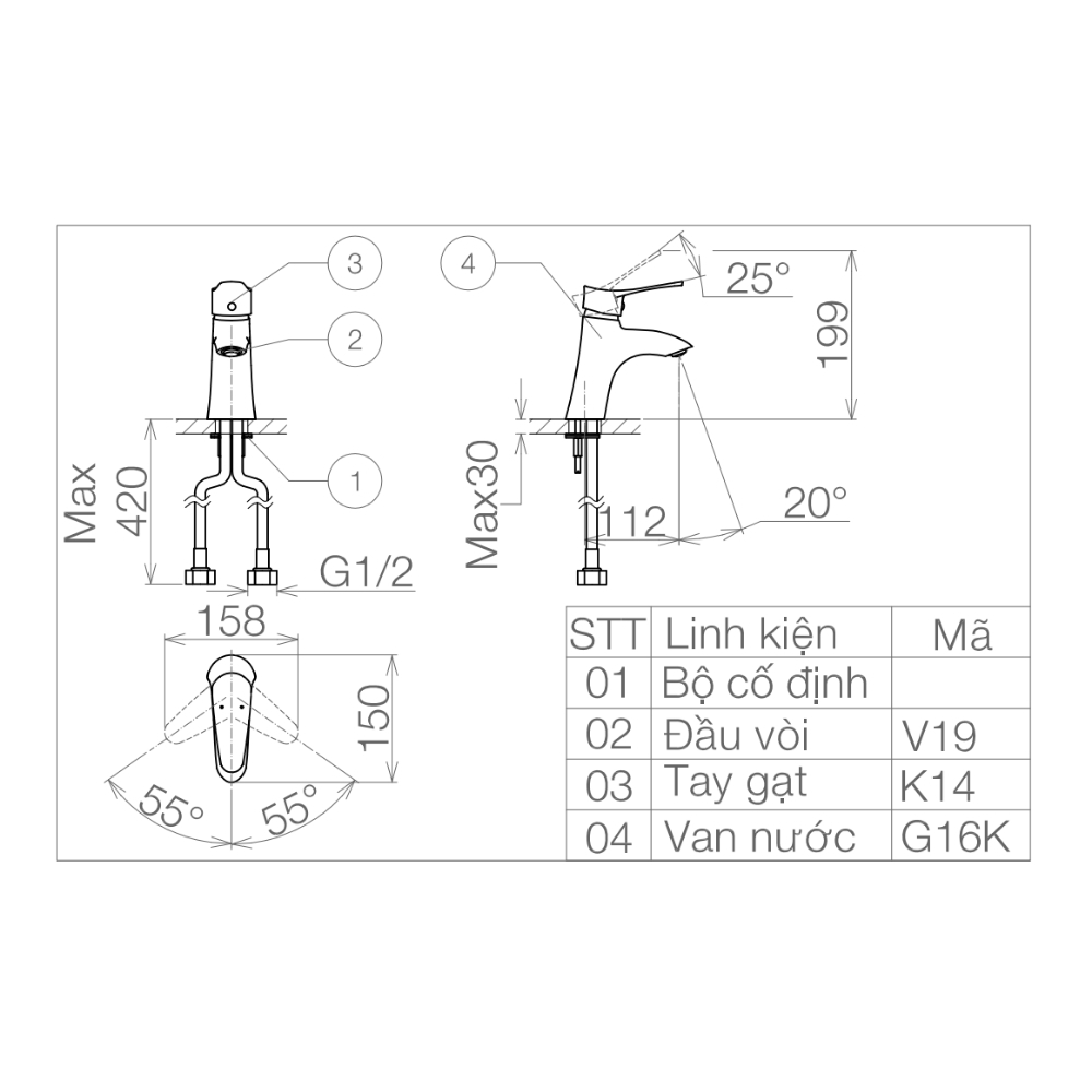 Vòi chậu lavabo nóng lạnh Viglacera VG114 VG114 - 2
