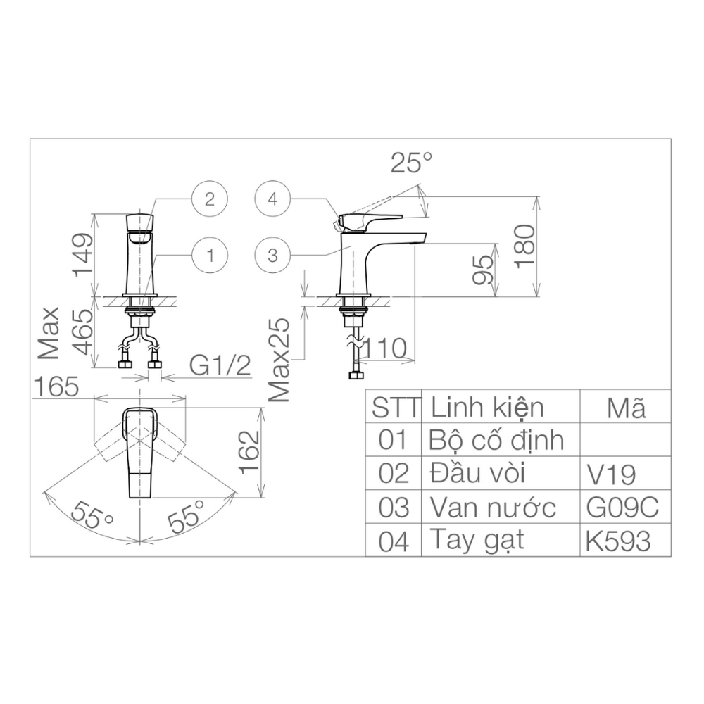 Vòi chậu lavabo nóng lạnh Viglacera VG143 VG143 - 2