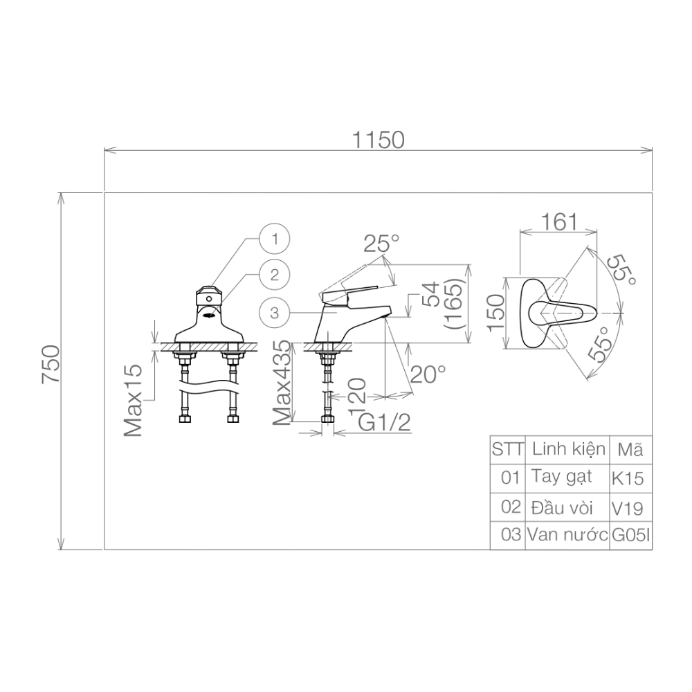 Vòi chậu lavabo nóng lạnh Viglacera VG315 VG315 - 2