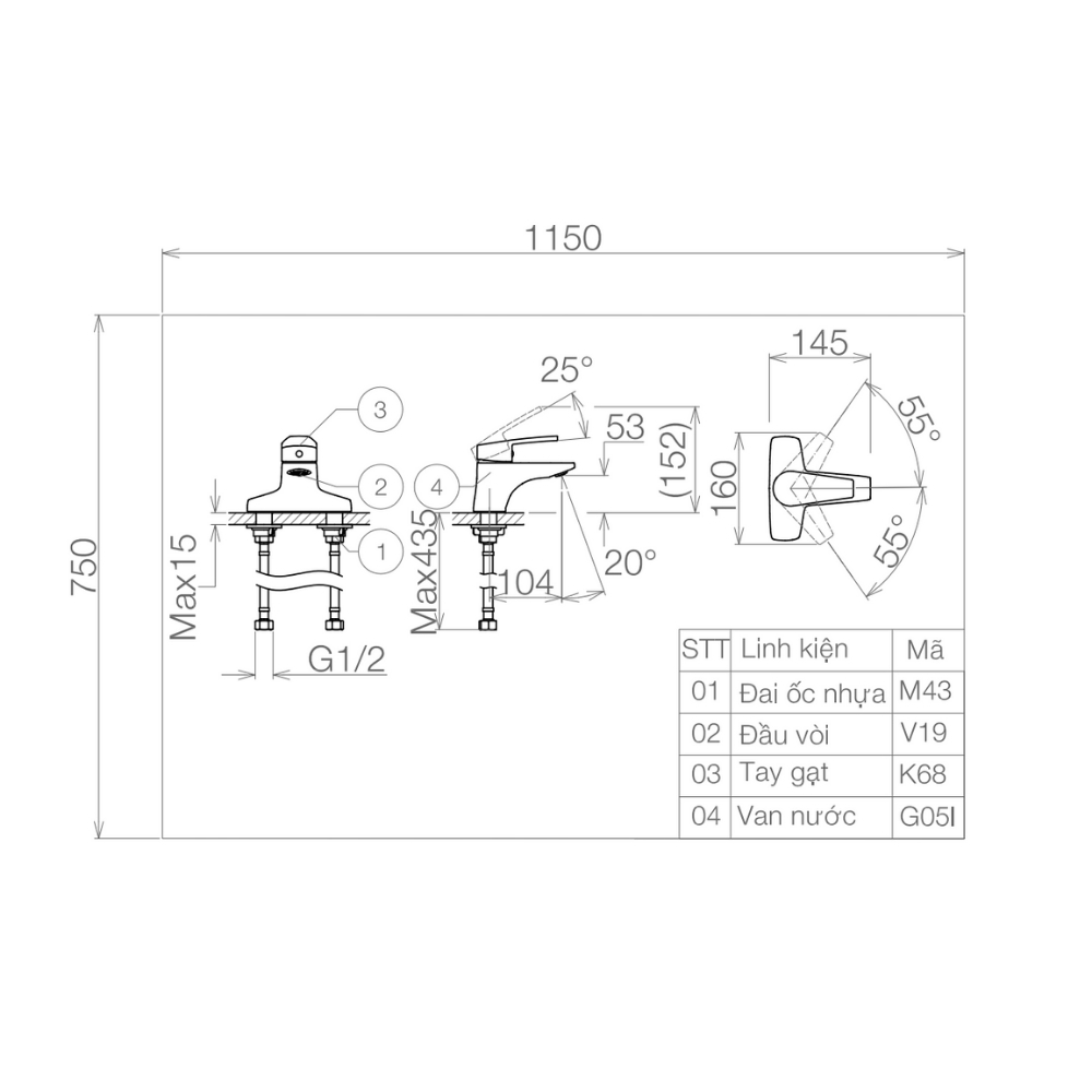 Vòi chậu lavabo nóng lạnh Viglacera VG368 VG368 - 2